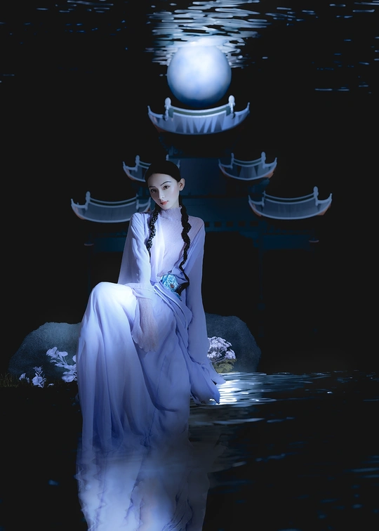 一位穿着蓝色连衣裙的美丽女士在月亮下的夜晚在水中