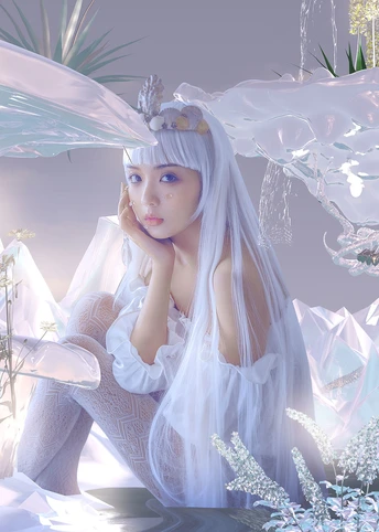 一位穿着白色连衣裙 蓝色头发的美丽女孩