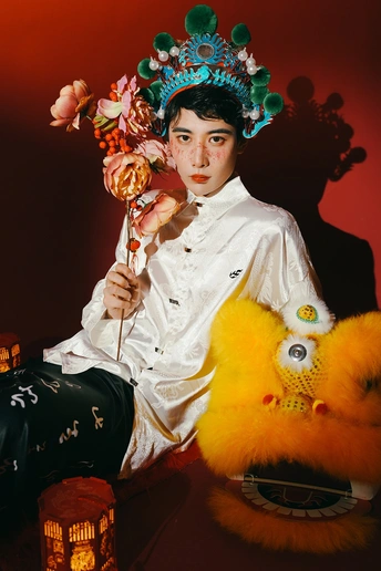 一个穿着白色服装的女人抱着花坐在红色背景上