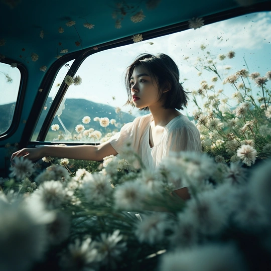 一位年轻女子坐在汽车里 朝窗外看 窗外是一片花的海洋。