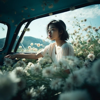 一位年轻女子坐在汽车里 朝窗外看 窗外是一片花的海洋。