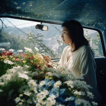 一位坐在汽车里的女人 前面有花。
