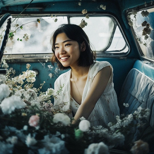 一个坐在汽车里的女人和花