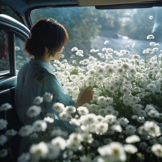 一位女性坐在汽车里 朝窗外看 窗外是一片白色的花田。