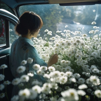 一位女性坐在汽车里 朝窗外看 窗外是一片白色的花田。