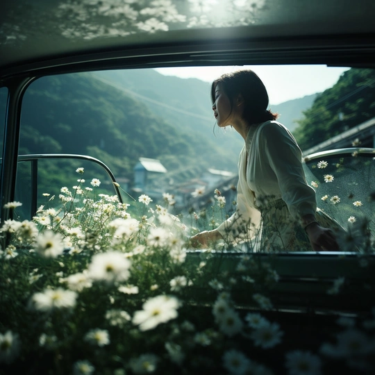 一位女性坐在汽车里 朝窗外看 窗外是一片白色的花田。