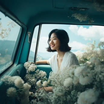 一位坐在汽车里的女人 周围有白色的花。