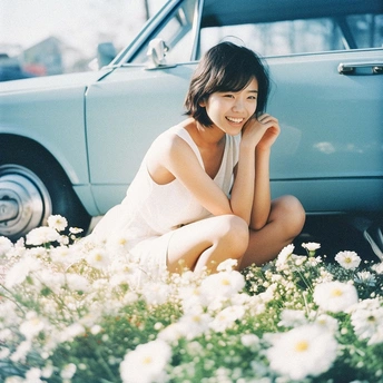 一位年轻女子坐在花丛中 前方是一辆旧蓝色汽车。