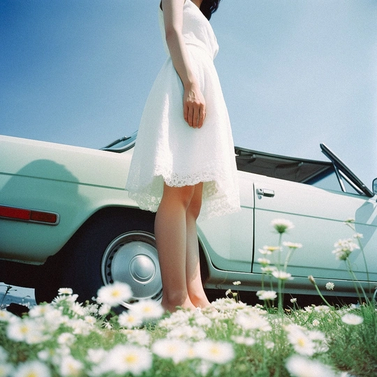 一位穿着白裙子的年轻女子站在一片野花丛中