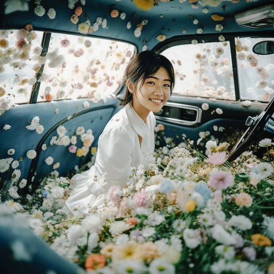 一个坐在花海中的老汽车里的女人