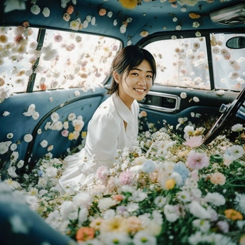 一个坐在花海中的老汽车里的女人