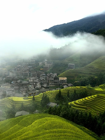 晨雾笼罩的山谷城市 山丘上点缀着房屋。