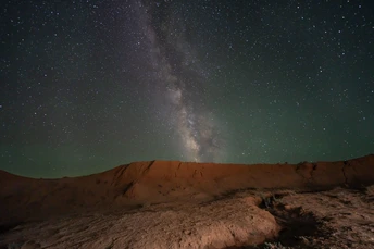 在沙漠中的山之夜 星空在天上。