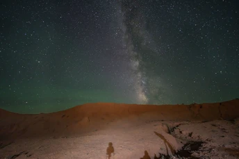 一个人在沙漠中独自站着 天空中繁星闪烁。