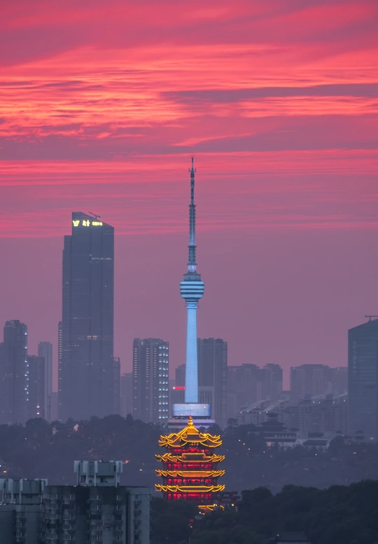 暮色或日落时分的城市天际线 前景是一座高塔 背景是其他建筑 天空是粉红色和红色的 