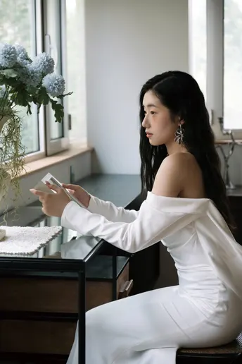 一个穿着长白色裙子的女人坐在桌子旁的椅子上