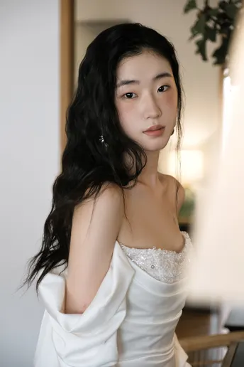 一位穿着白色连衣裙的年轻女子为相机摆姿势