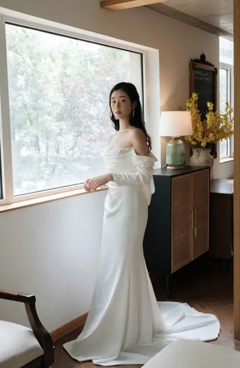 一位穿着白色婚纱的女人在一个有窗户的房间里摆姿势 另一个人站在她面前。