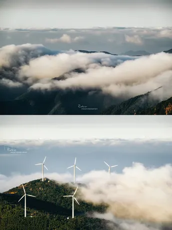 山顶的风车照片 雾气和云层