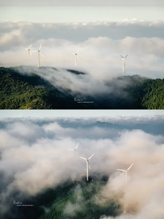 水上风力发电机和天空中山脉的分裂照片