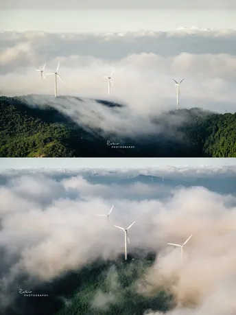 水上风力发电机和天空中山脉的分裂照片