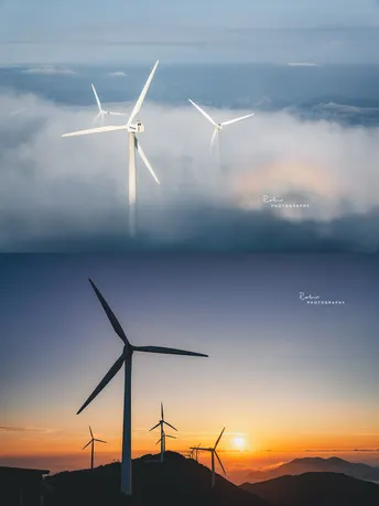 夕阳下 云层中透出阳光的风轮