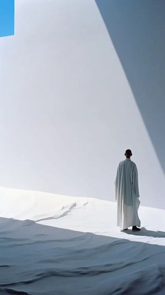 一个穿着白色长袍的男子站在床上仰望天空