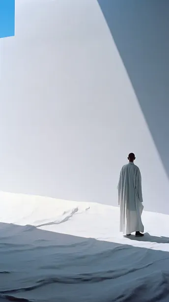 一个穿着白色长袍的男子站在床上仰望天空