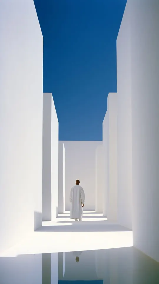 一个人站在一个白色的房间里 下面有一个蓝色的天空下的水坑。