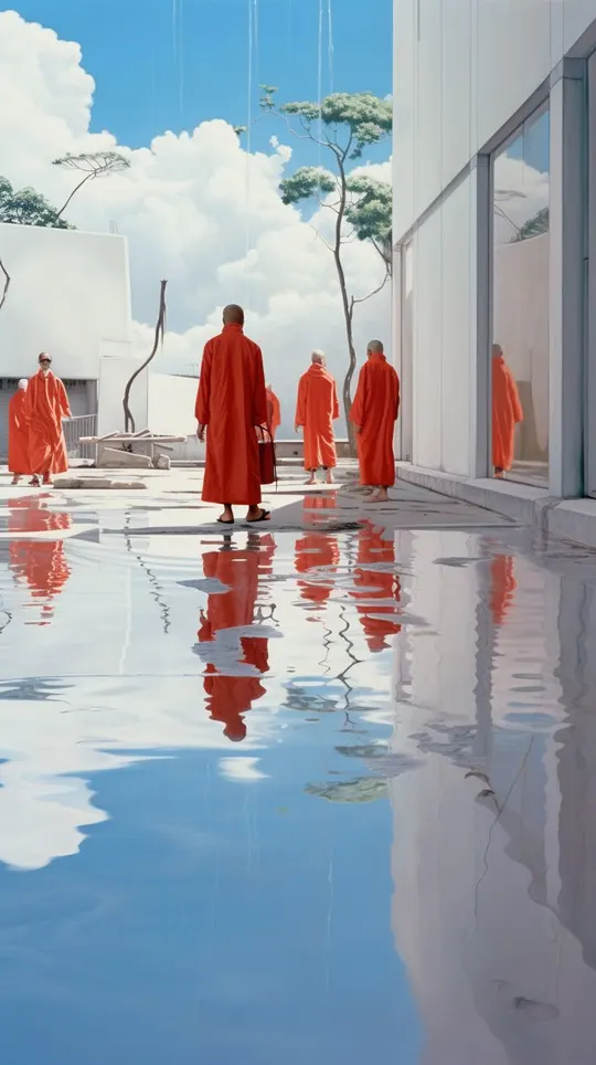 一幅身着红袍的人站在水中的画面 水面倒映着天空。