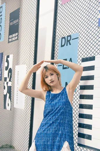 一位穿着蓝色连衣裙的年轻女子站在围栏前 双手背后