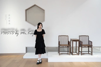 一张女性穿着黑色连衣裙站在一个有家具的房间里的照片