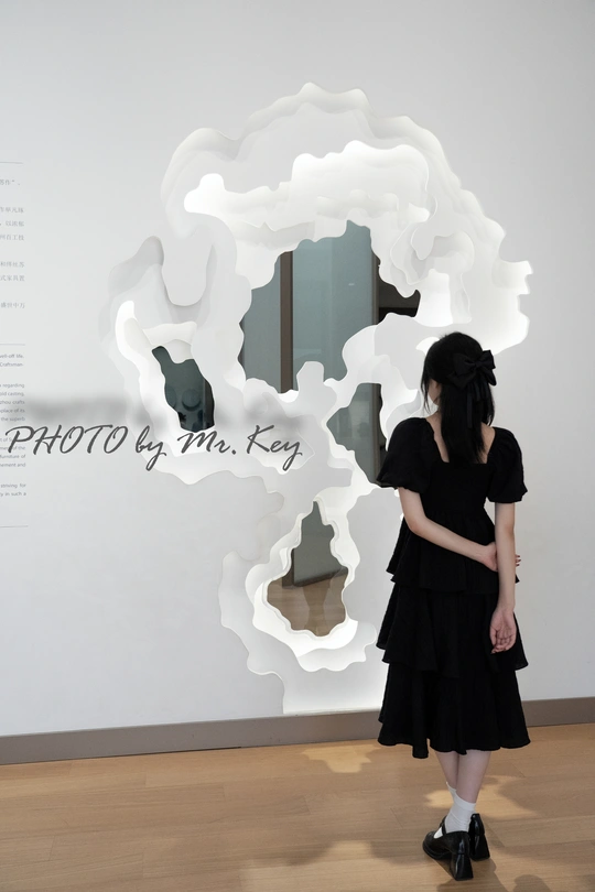 一位穿着黑色连衣裙的女人正在看墙上有一朵白色云的艺术品。