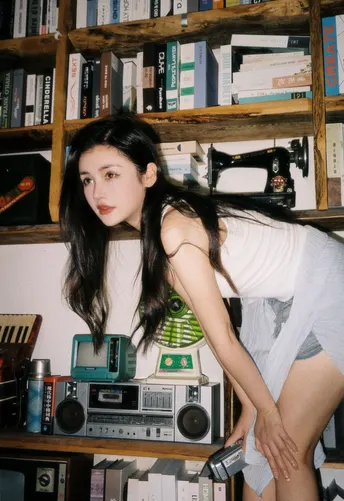 一个年轻女子靠在一个杂乱无序的房间里的书架上