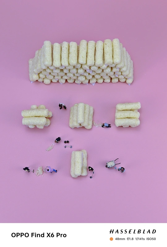 一组小食物在粉红色背景上