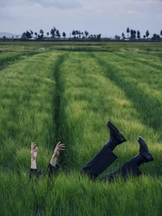 一个男子躺在绿草地上 双手举过头顶