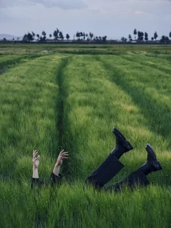 一个男子躺在绿草地上 双手举过头顶