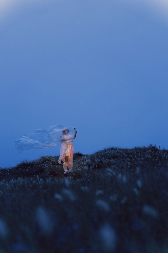 一个小女孩穿着蓝色裙子在夜晚沿着月光照耀的山坡走下去