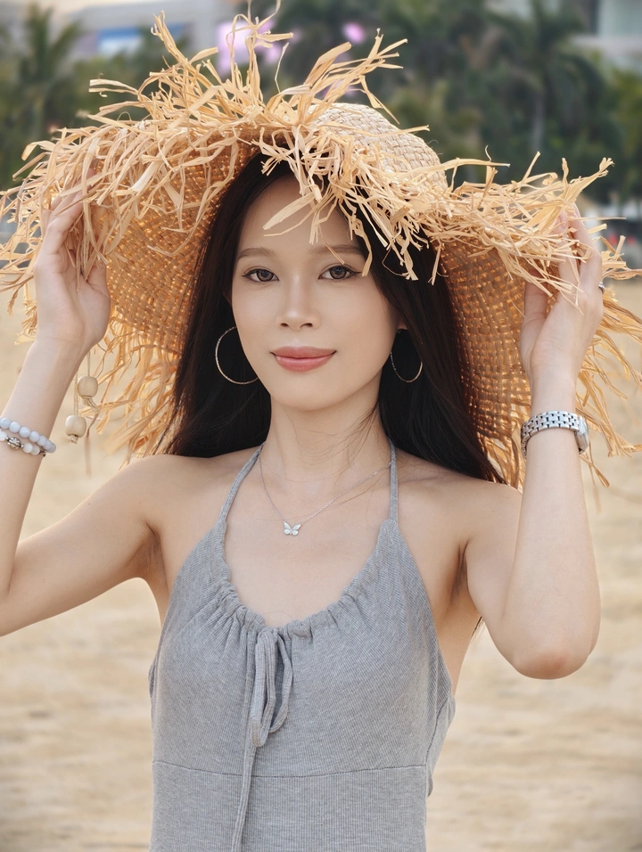 傍晚沙滩上的俏丽女郎