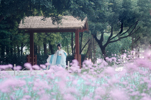 一位穿着蓝色连衣裙的女士站在紫花丛中