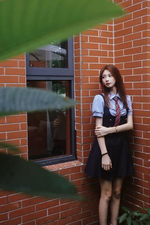 一位穿着连衣裙和领带的年轻女子 靠在红色砖墙边 墙上长着植物 窗外景色宜人。
