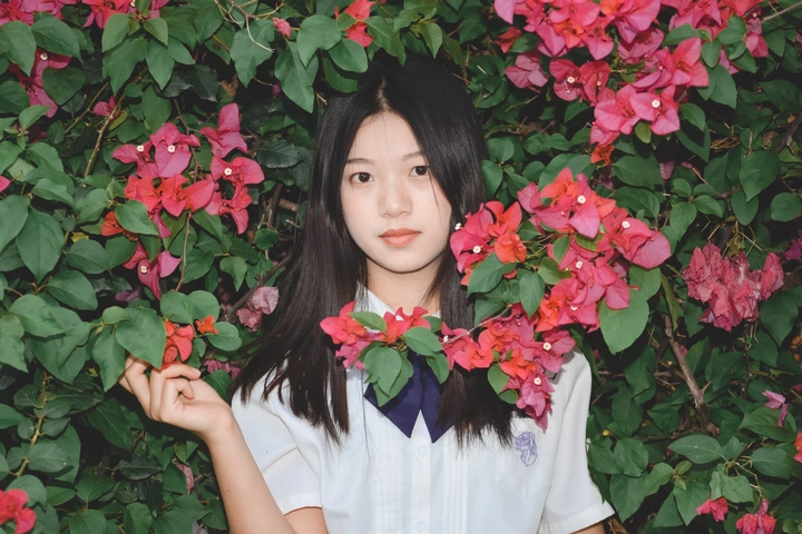 三角梅绽放，少女的笑容随之灿烂