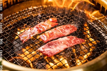 烧烤架上火焰中翻烤的牛排和排骨