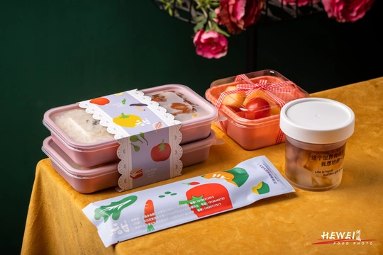 一个带有塑料容器的水果表格 其中包括苹果和其他水果。