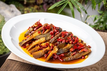 鱼片配酱汁的白盘子