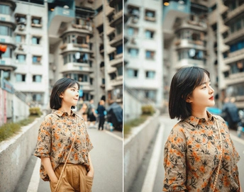 站在城市一栋楼前面的年轻女子