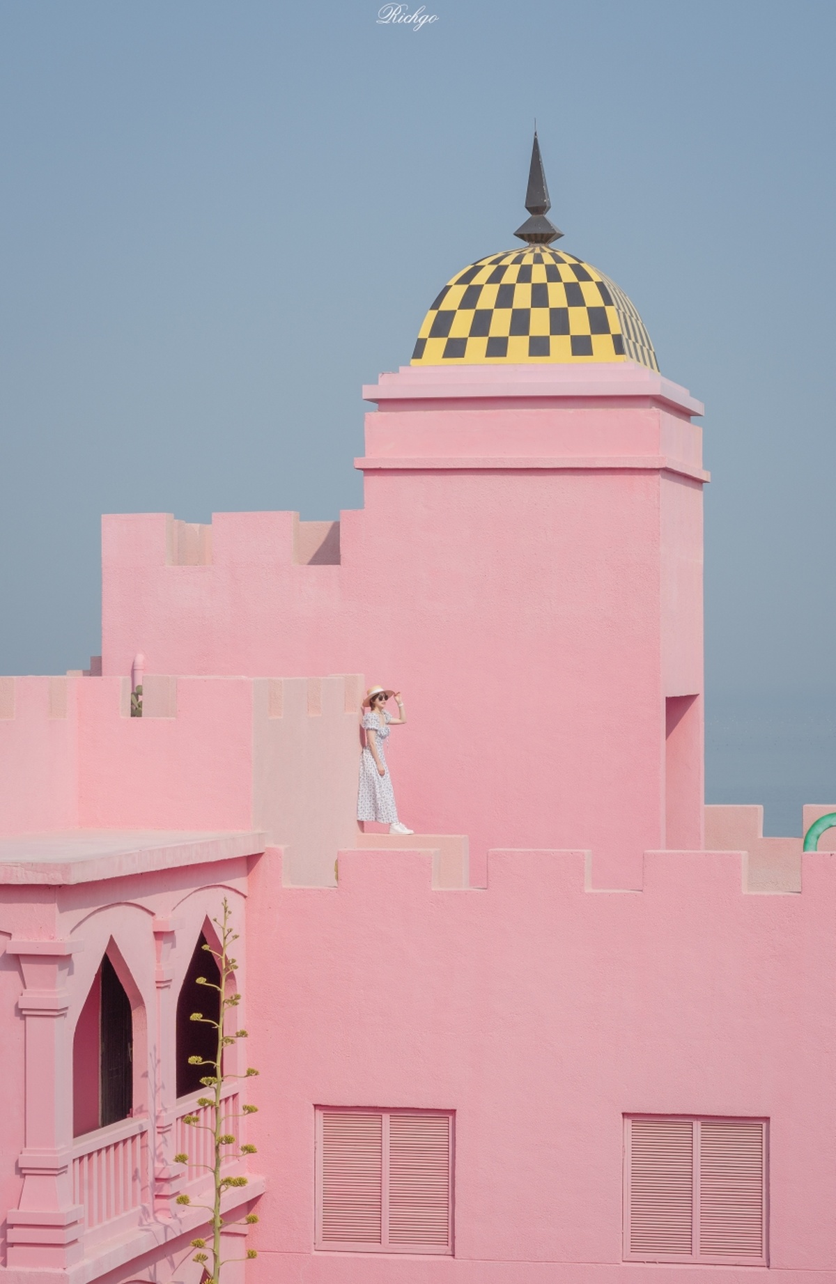 一位站在粉色建筑的顶部 带有圆顶的女人