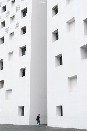 一个人站在滑板上 前面是高大的白色建筑 有大的窗户。
