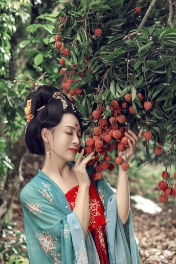 一个穿着和服的年轻女子拿着树上的红色浆果