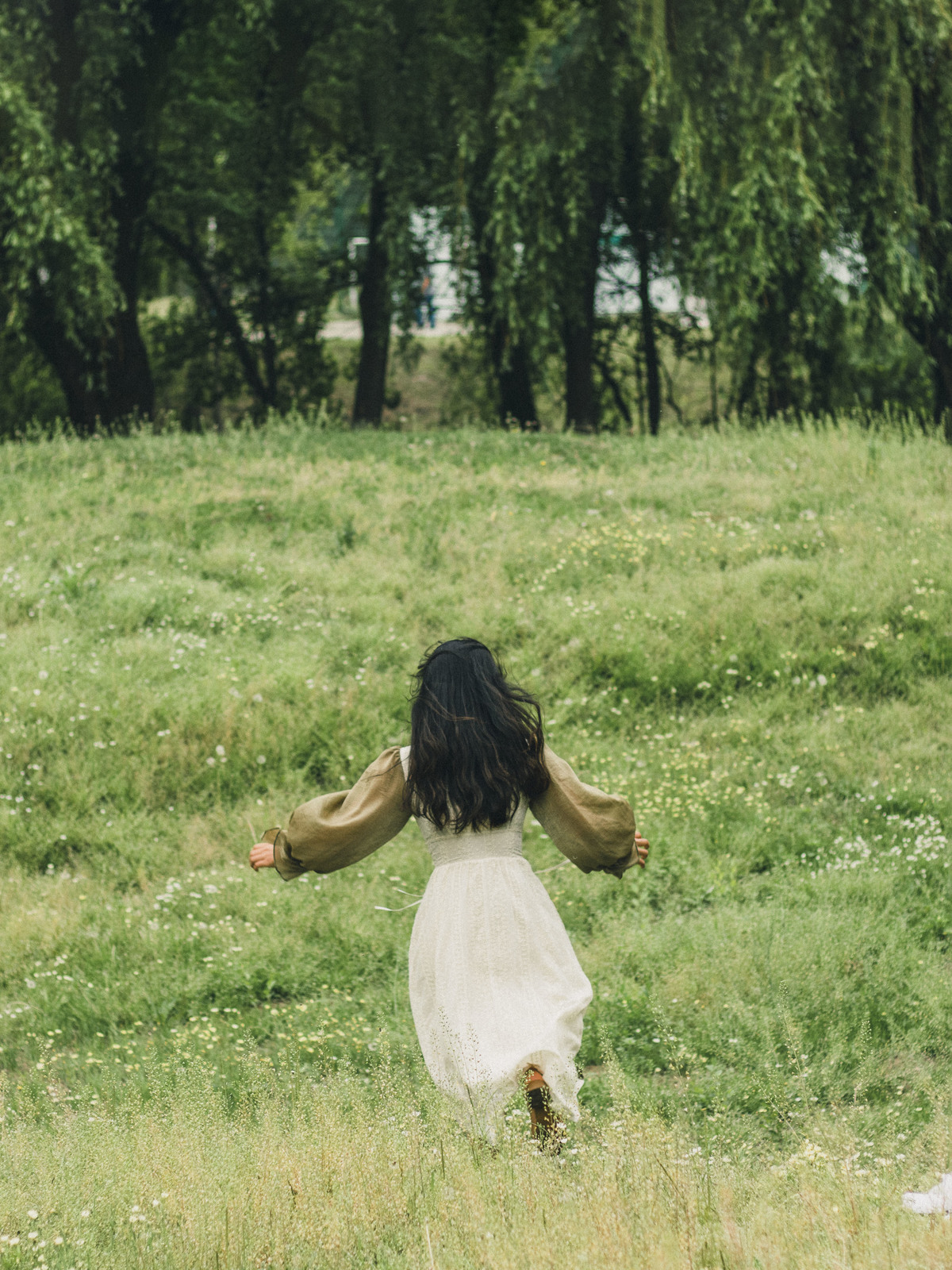 一位穿着连衣裙的女人在草地上奔跑 手里拿着飞盘 穿过一片开满花的草地 穿过一片绿色的草地。